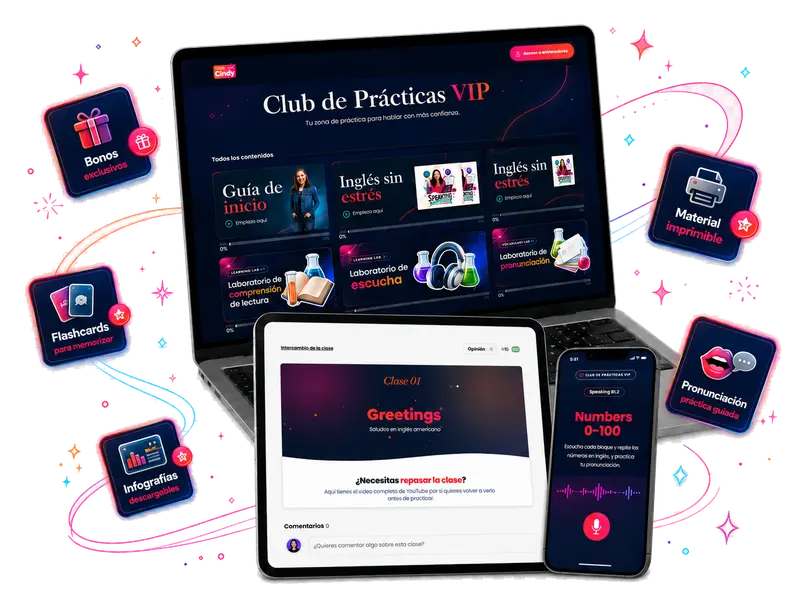 Vista del Club de Prácticas de Inglés VIP en computadora, tablet y celular